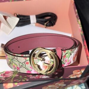 Gucci Pink and Floral Women's Belt with Gold Buckle